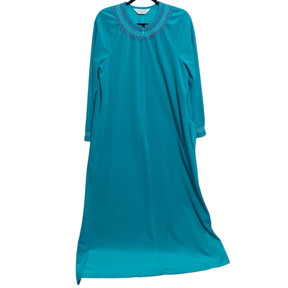 Vintage Vanity Fair Robe Womens Medium Turquoise Velour Zip House Dress Pockets